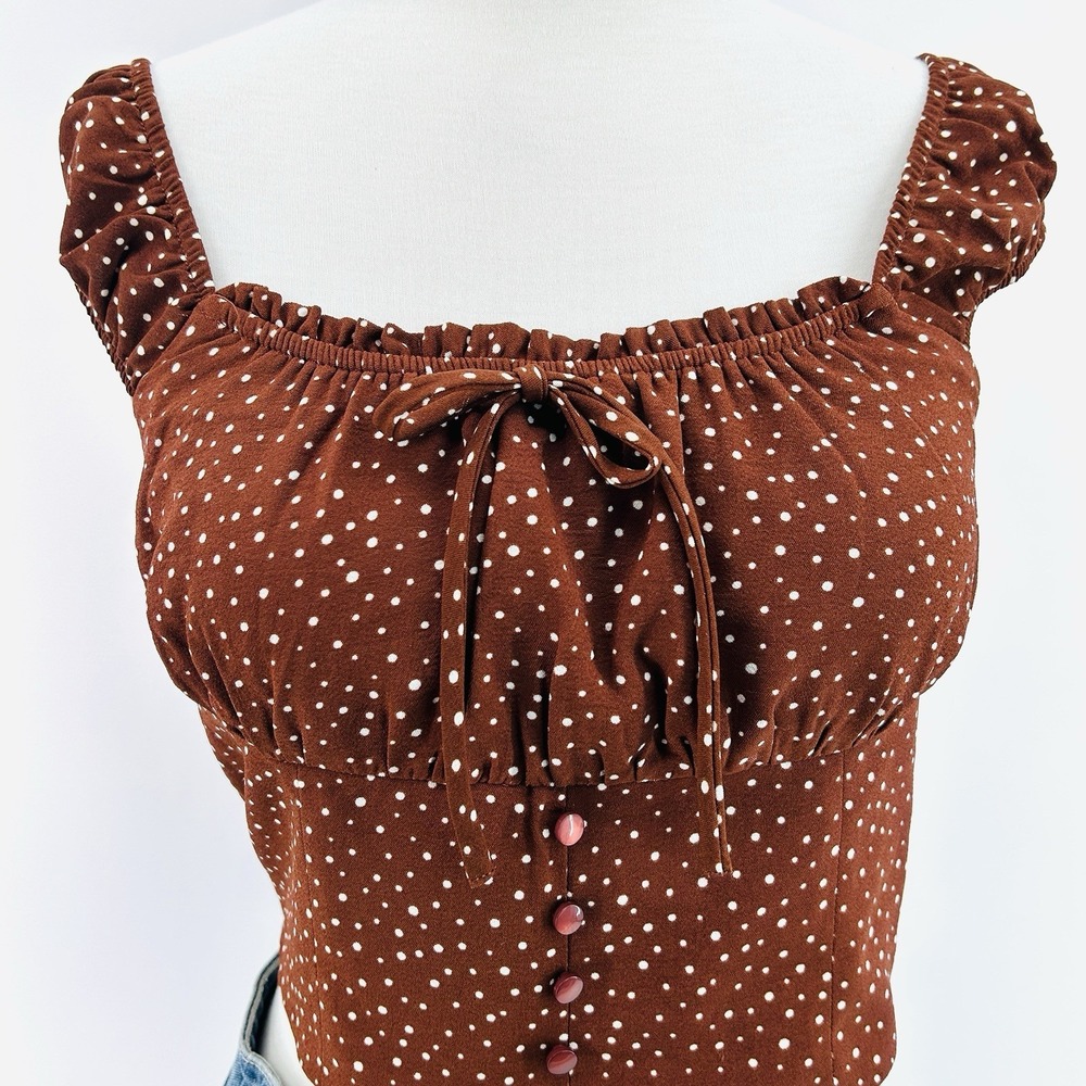 Coquette Milkmaid Crop Top M Brown Polka Dot‎ Corset Cottagecore Puff Sleeve - Picture 2 of 13